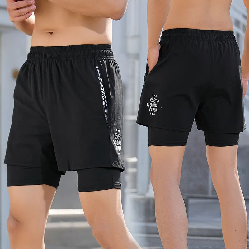 2 in 1 Shorts Men Fitness Training Exercise Jogging Short Trousers Liner Zipper Pocket Workout Quick Dry Beach Running Shorts