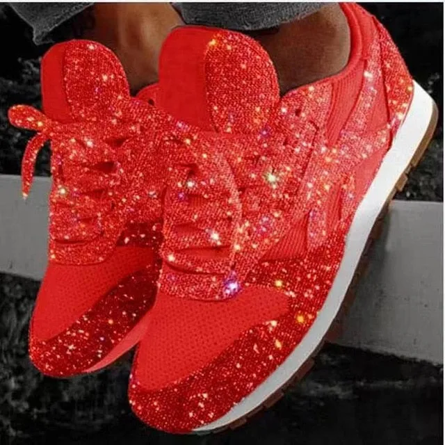 2020 Autumn Women Bling Sneakers New Casual Flat Ladies Vulcanized Shoes Beathable Lace Up Sneakers Outdoor Sport Shoes