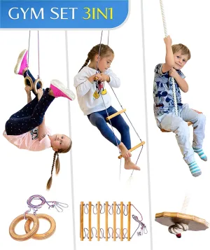 3in1 Swings Set: Rope Ladder   Gymnastic Rings   Disc Rope Swing