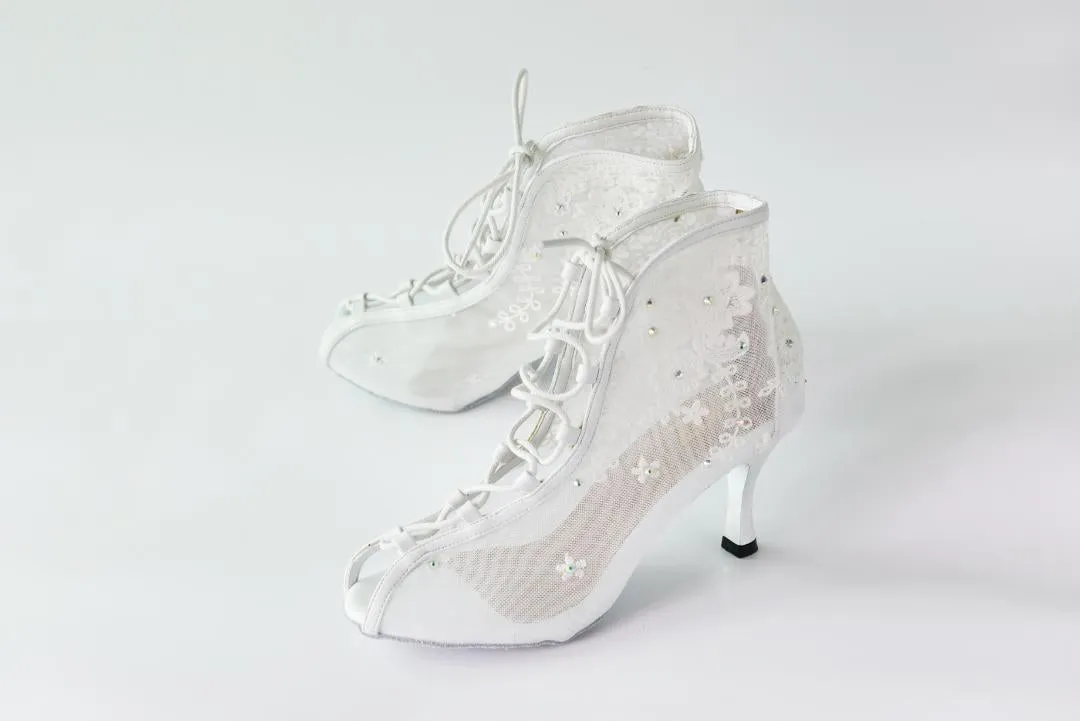 3" Rose -- Women's Lace-Up Boot -- White Lace with Silver Heel