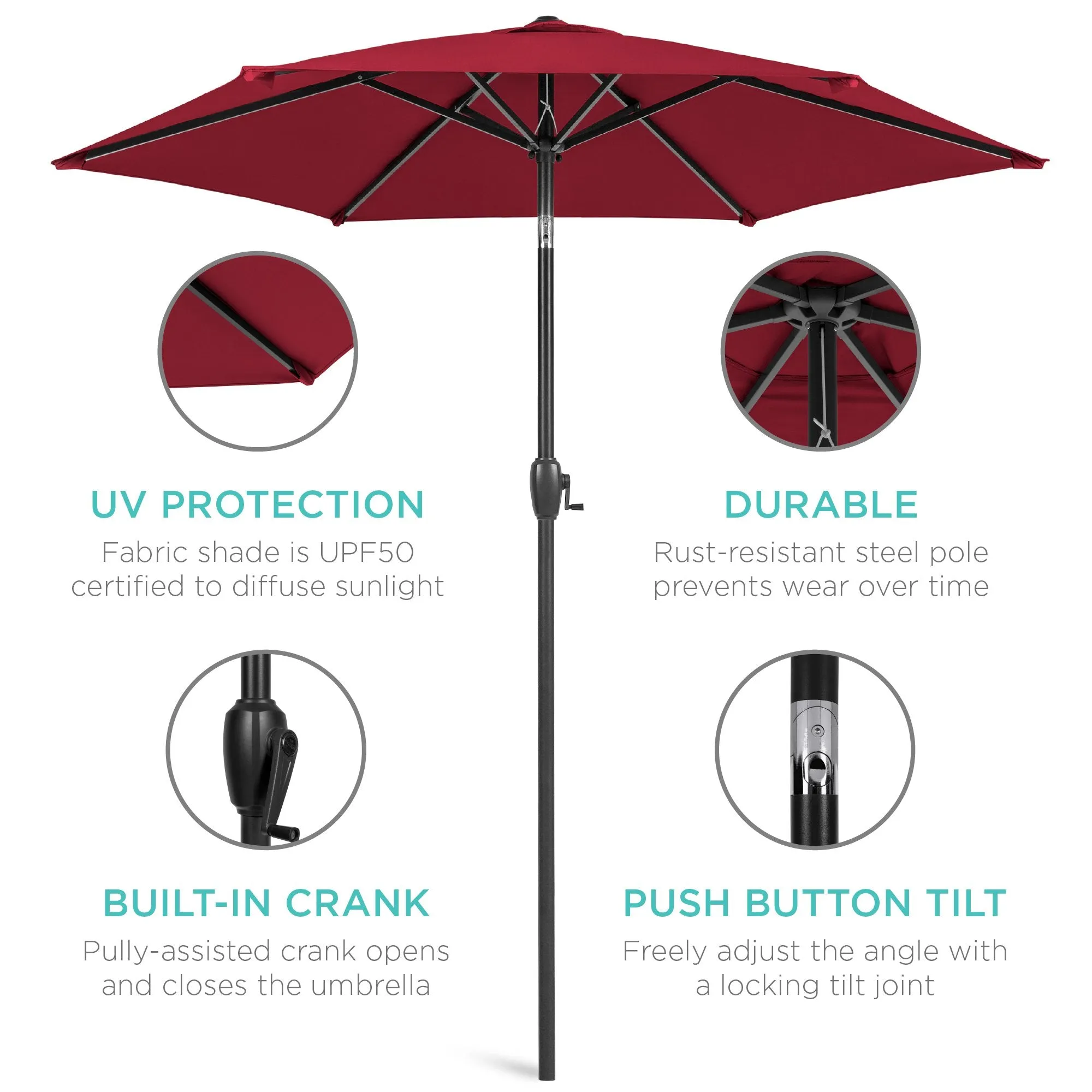 7.5ft Outdoor Market Patio Umbrella w/ Push Button Tilt, Crank Lift