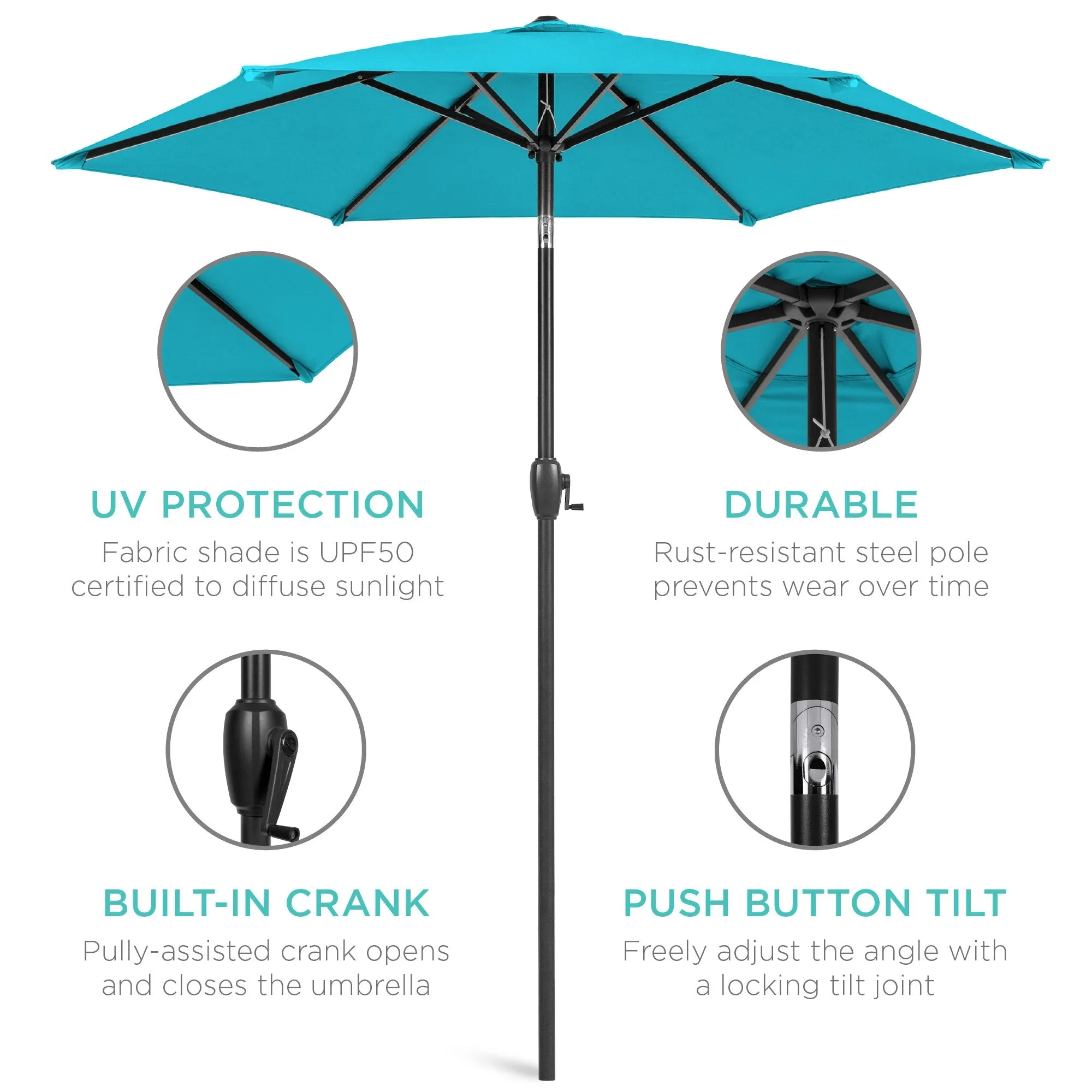 7.5ft Outdoor Market Patio Umbrella w/ Push Button Tilt, Crank Lift