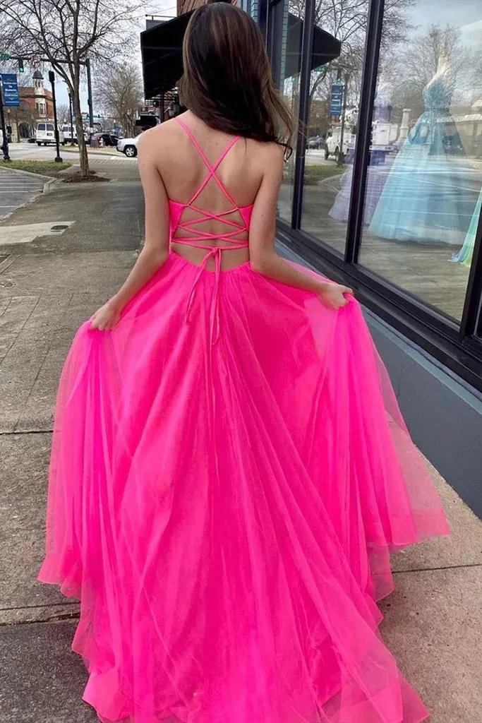 A Line Spaghetti Straps V Neck Tulle Prom Dress with Slit, Long Party Gown UQP0156