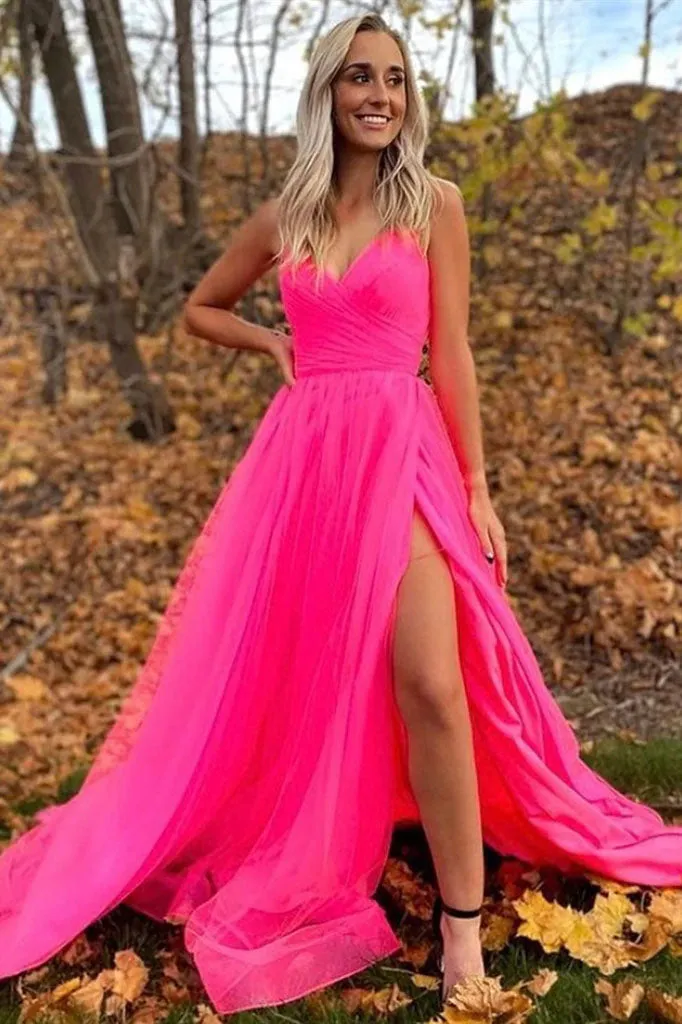 A Line Spaghetti Straps V Neck Tulle Prom Dress with Slit, Long Party Gown UQP0156