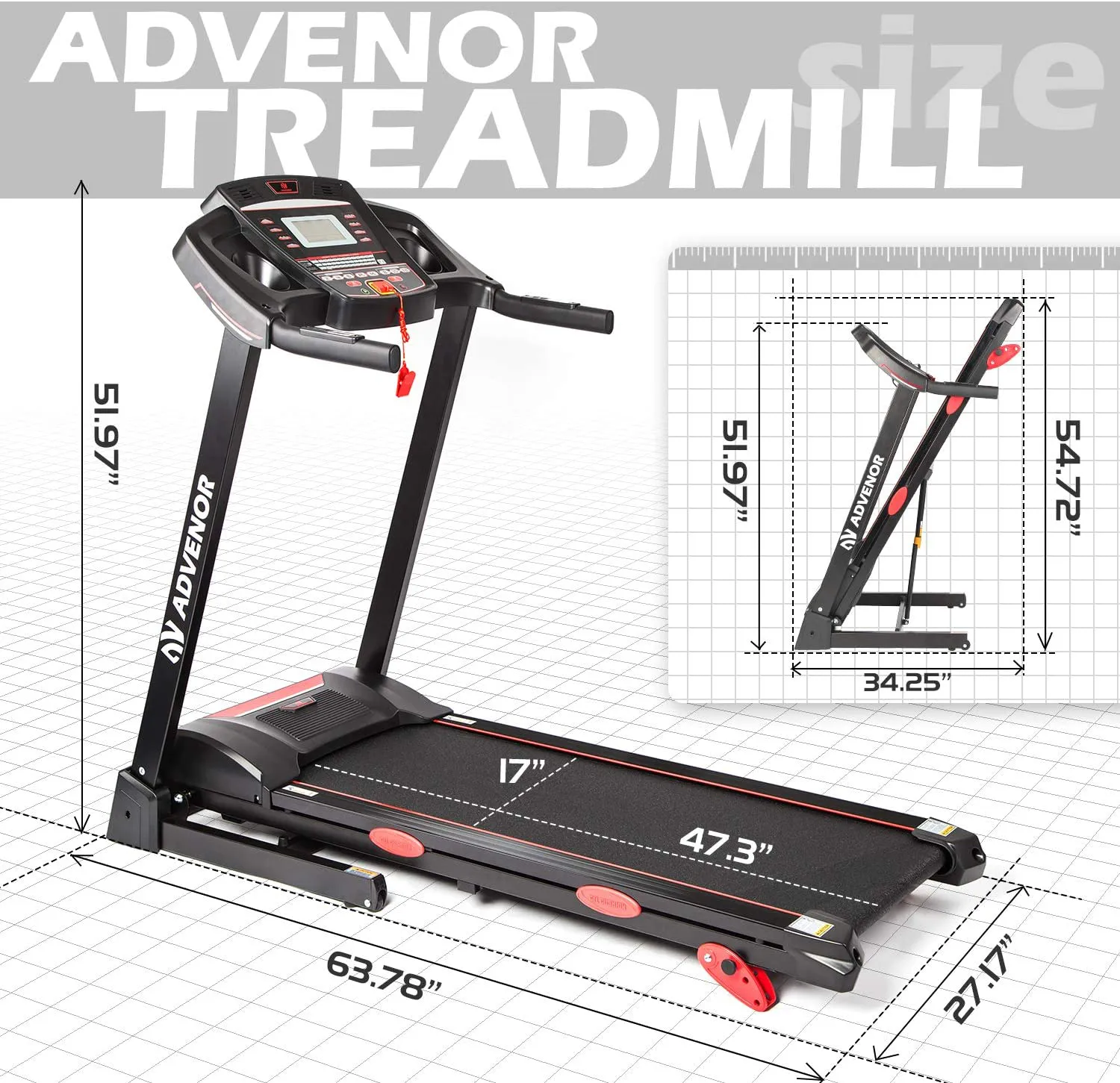 ADVENOR Treadmill Motorized Treadmills 3.0 HP Electric Running Machine Folding Exercise Incline Fitness Indoor 64 Preset Programs