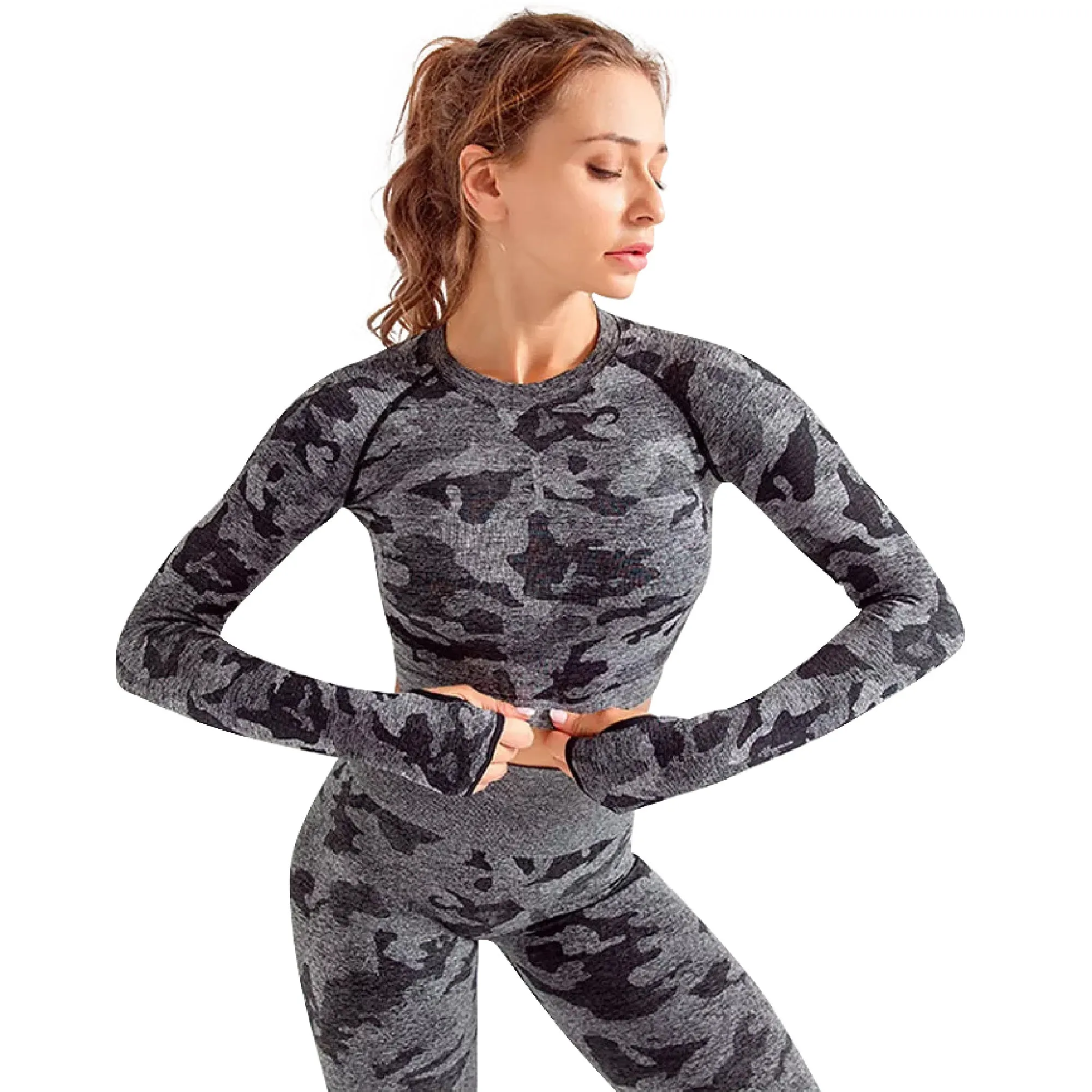 Alpha Camp New Wicking Tight Sports Blouse Running Yoga Breathable Hollow Seamless Crop Top Long Sleeve Fitness T-shirt