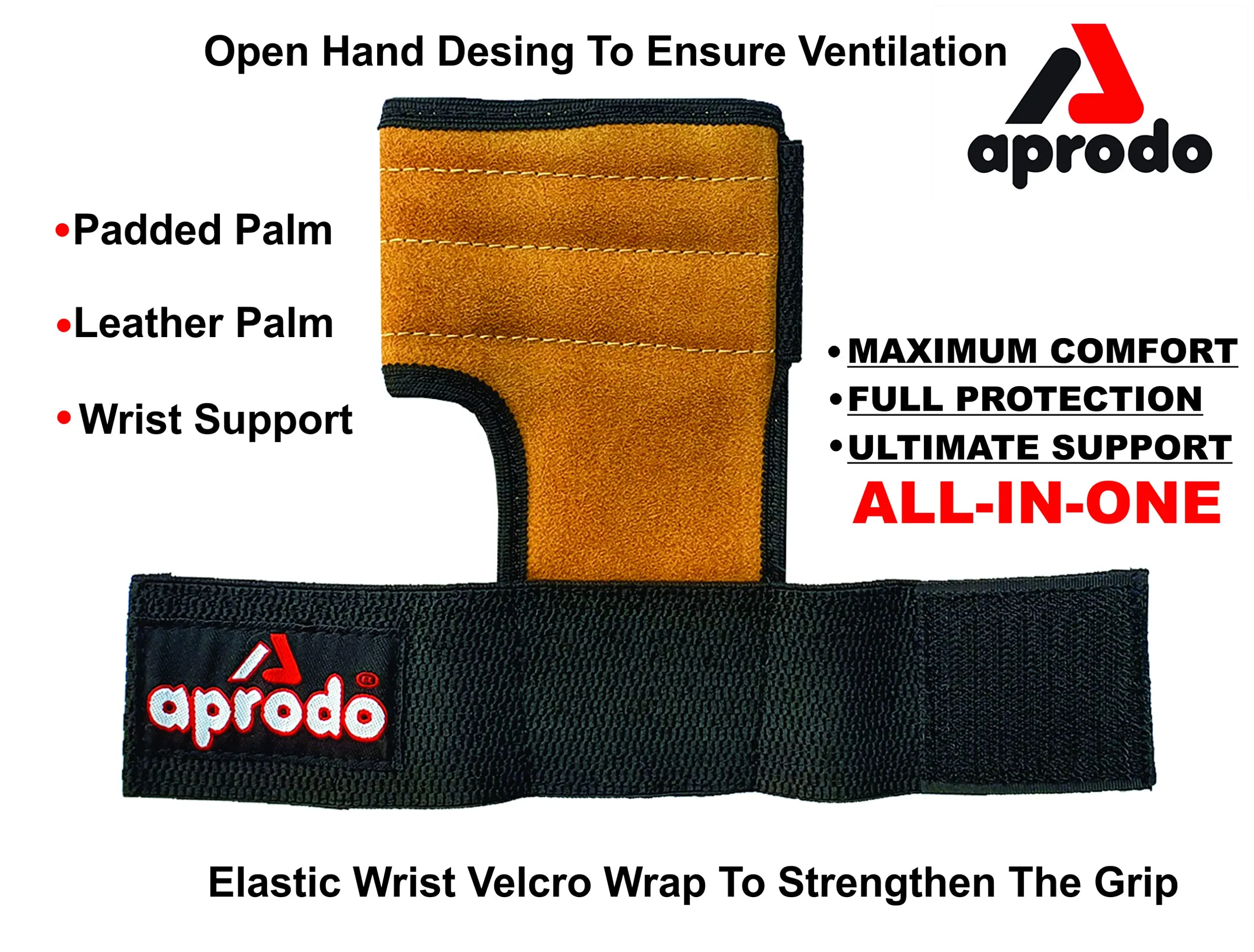 Aprodo Leather Hand Grips for Weight Lifting Workout Gloves with Built-in Wrist Support for Men and Women - Great for Gym Fitness, Cross Training, Hand Support & Weightlifting. Free Size, (TAN)