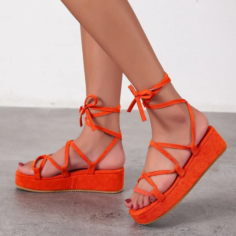 BerriesJam - Cross Tie Open Toe Thick Bottom Platform Comfortable Shoes