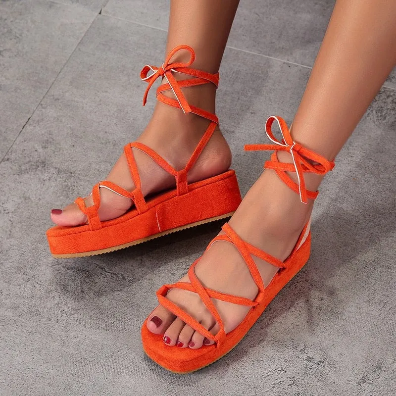 BerriesJam - Cross Tie Open Toe Thick Bottom Platform Comfortable Shoes