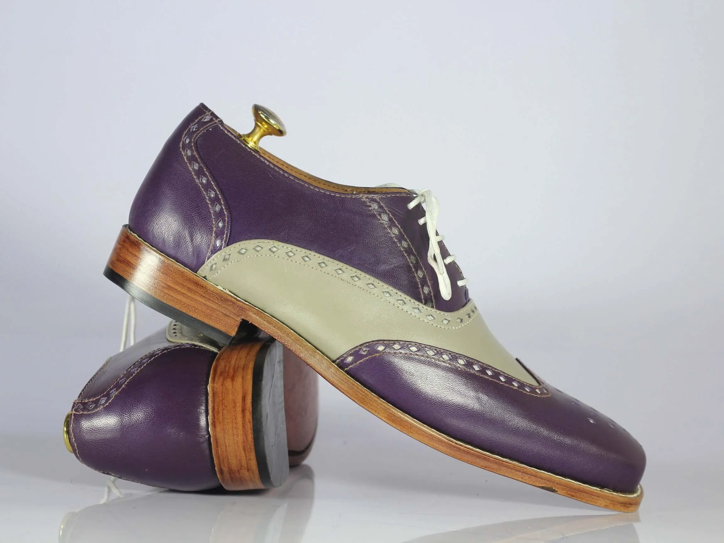 Bespoke Purple & Gray Leather Wing Tip Shoes For Men's