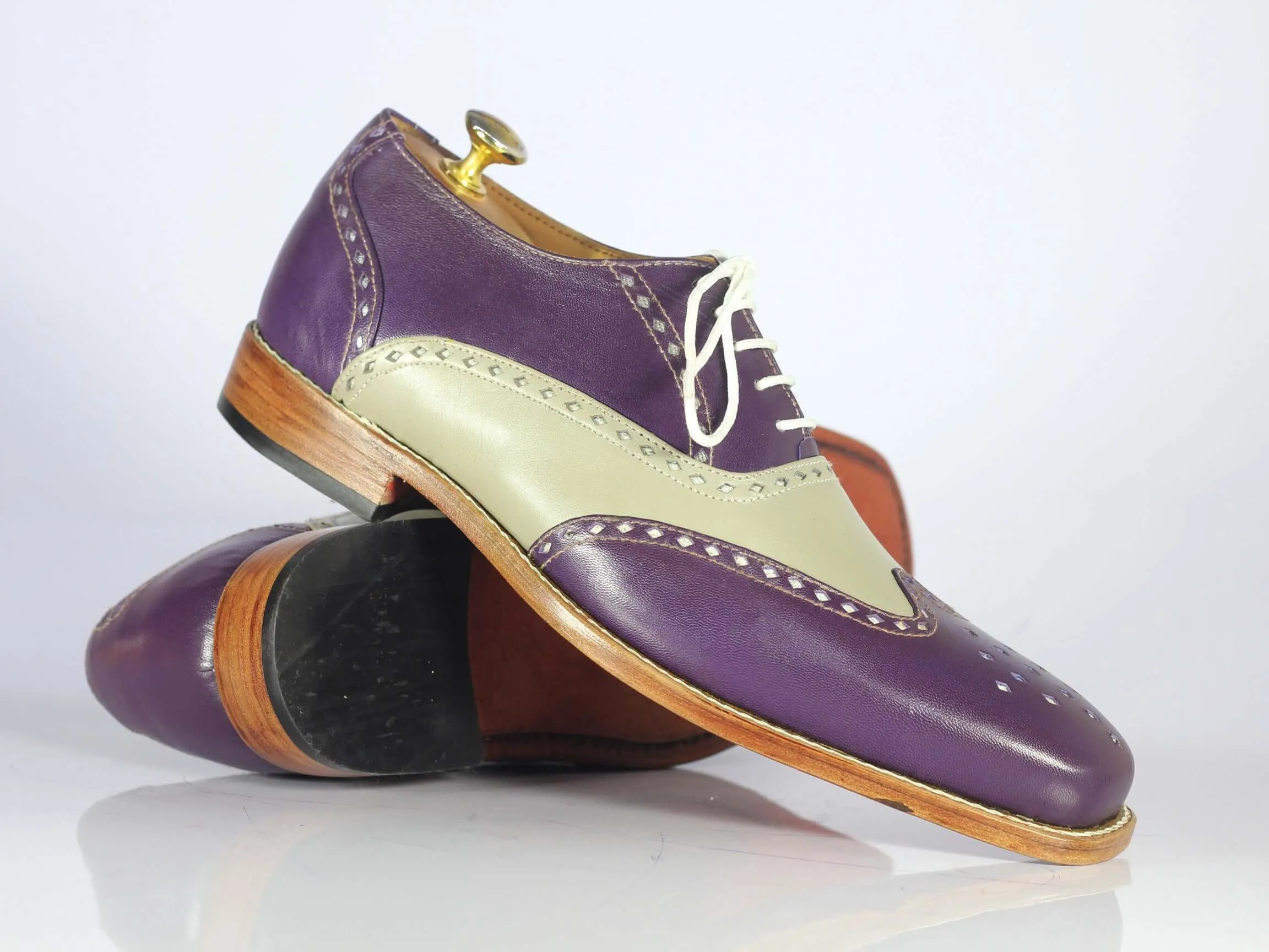 Bespoke Purple & Gray Leather Wing Tip Shoes For Men's