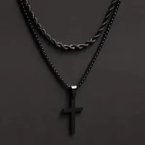 Black Rope Chain and Medium Black Cross - 24in / 26in