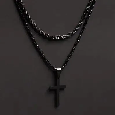 Black Rope Chain and Medium Black Cross - 24in / 26in