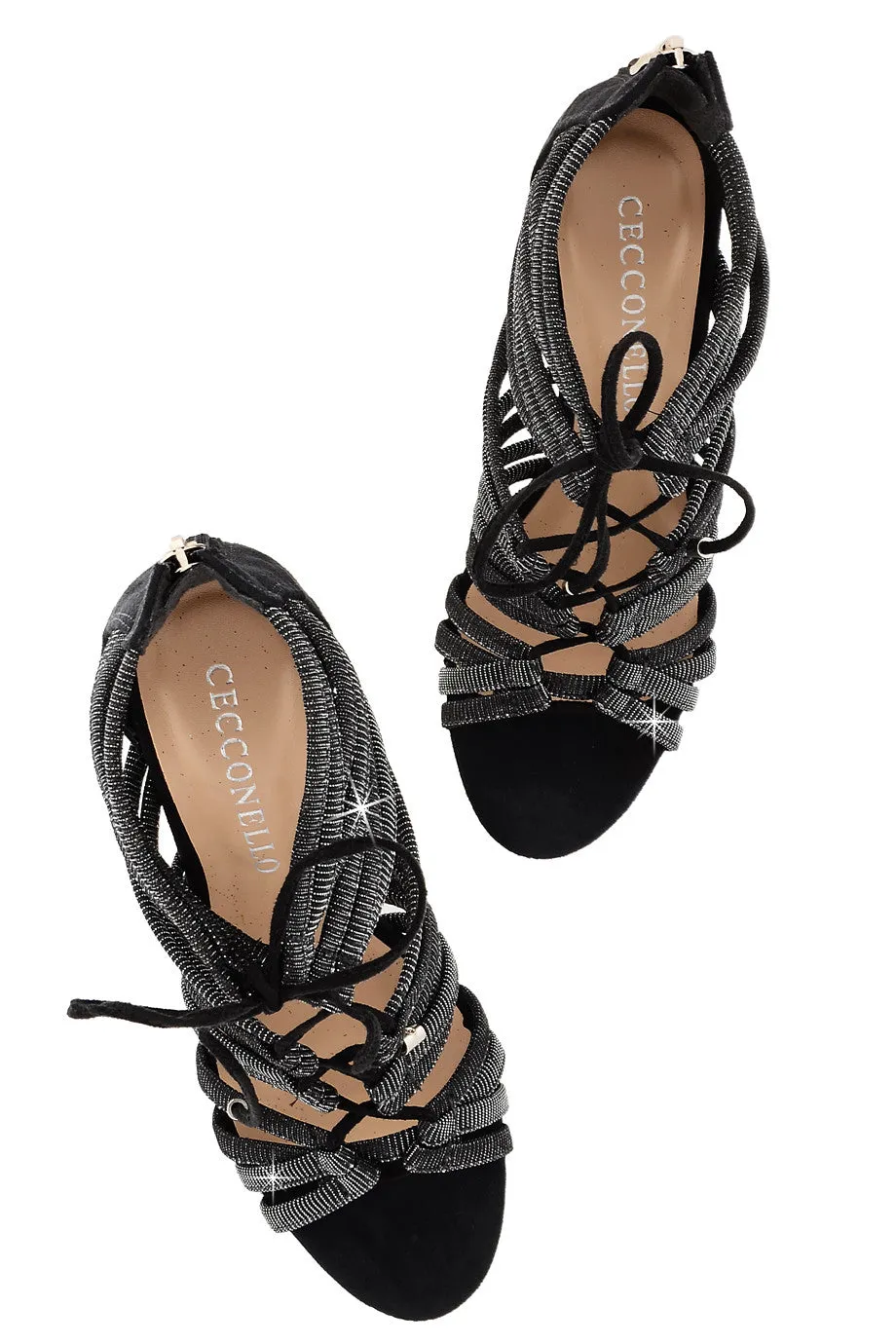 CECCONELLO ALESIA Silver Black Cord Heeled Sandals