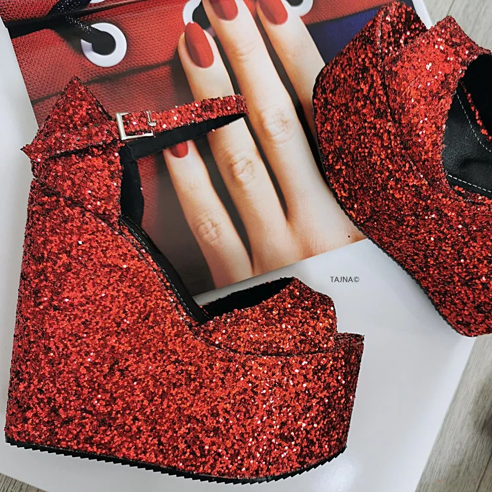 Claret Red Shiny Glitter Wedges