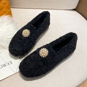 (Clean Up - US 10) Pearl Flat-Bottom Fur Loafers