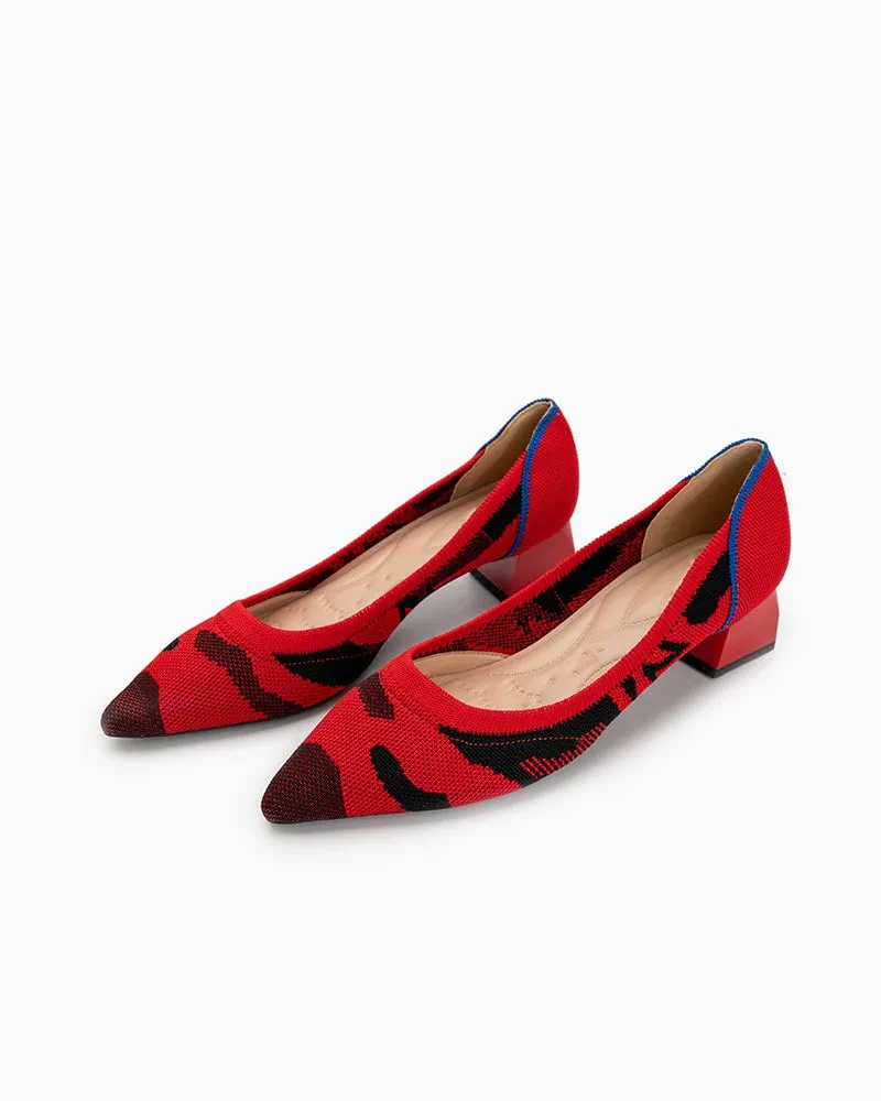 (Clean Up - US 7) Red & Black Pattern Pointed-Toe Chunky Heels