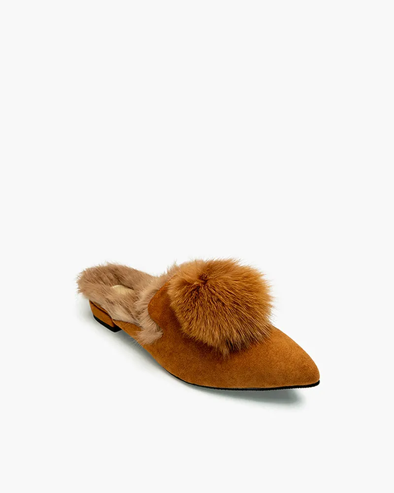 (Clean Up - US 7.5) Pointed Toe Backless Pompom Slippers Mules