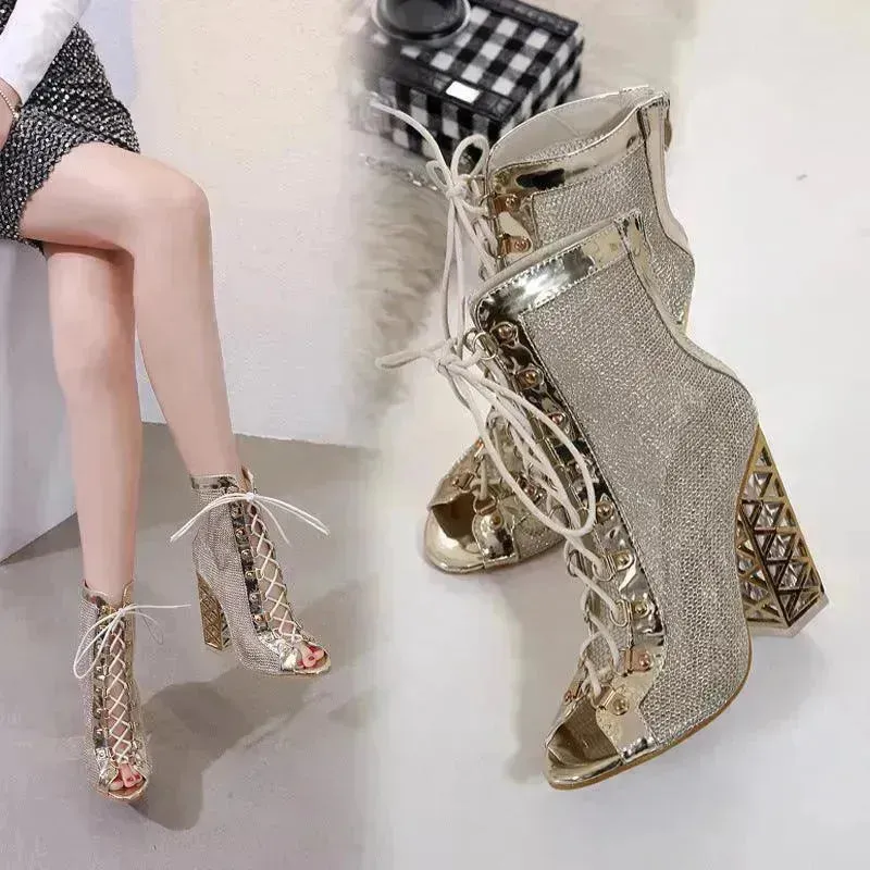 Crystal thick heel mesh hollow high heel