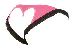 Dreamgirl Stretch Mesh Panty with Lace Ruffle Trim and Open-Back Heart Detail Pink/Black