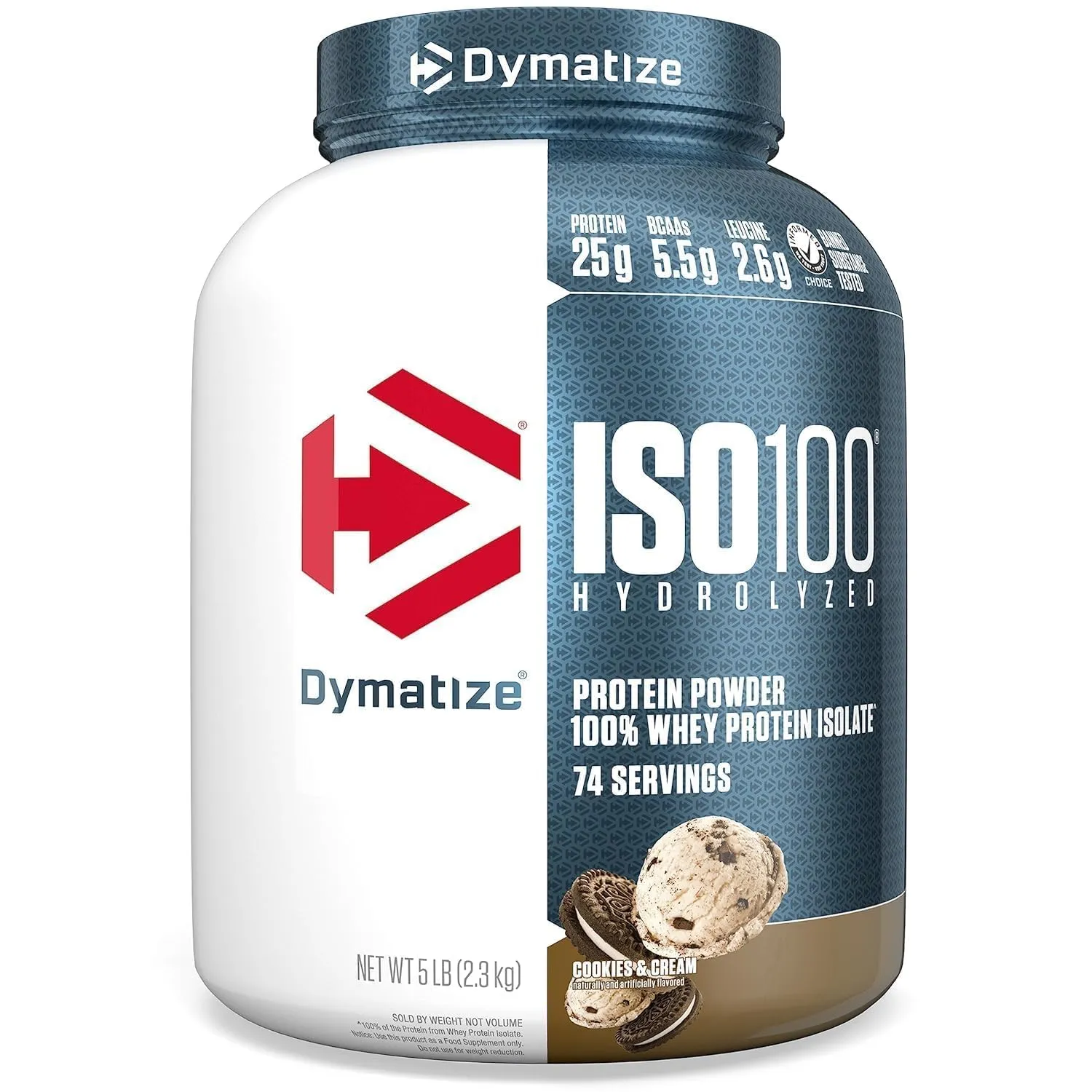 Dymatize Nutrition ISO 100 5 lbs Whey Protein Powder with Hydrolyzed 100% Whey Protein Isolate, Gluten Free, Fast Digestion, Cookies & Cream, 2.26 Kg