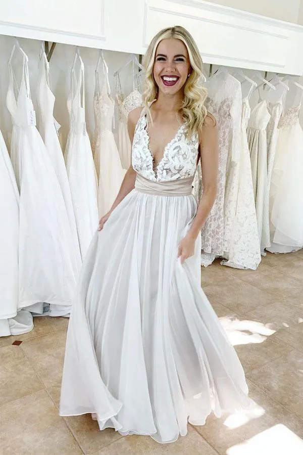 Elegant Criss Cross Deep V-Neck Wedding Dress with Waistband  WD443