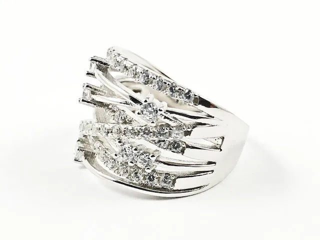 Elegant Unique Open Criss Cross Pattern CZ Silver Ring