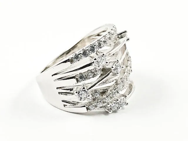 Elegant Unique Open Criss Cross Pattern CZ Silver Ring