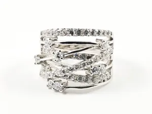 Elegant Unique Open Criss Cross Pattern CZ Silver Ring