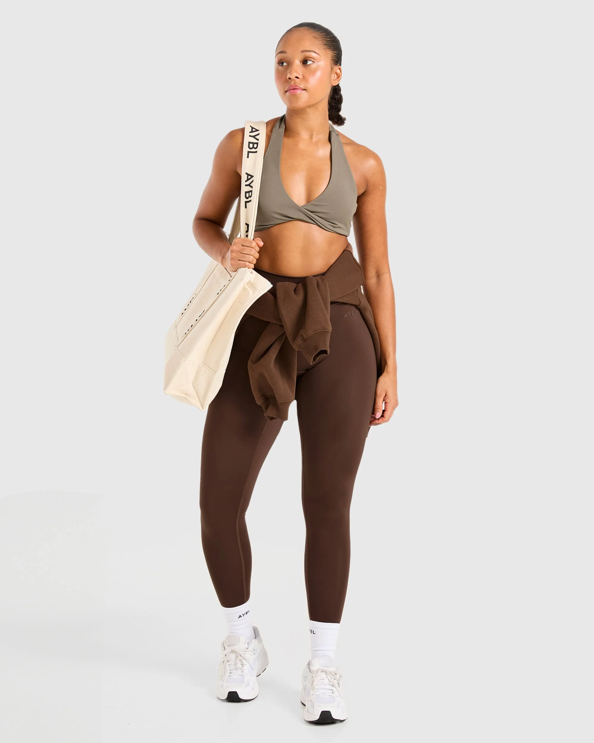 Essential Halterneck Sports Bra - Mocha Brown