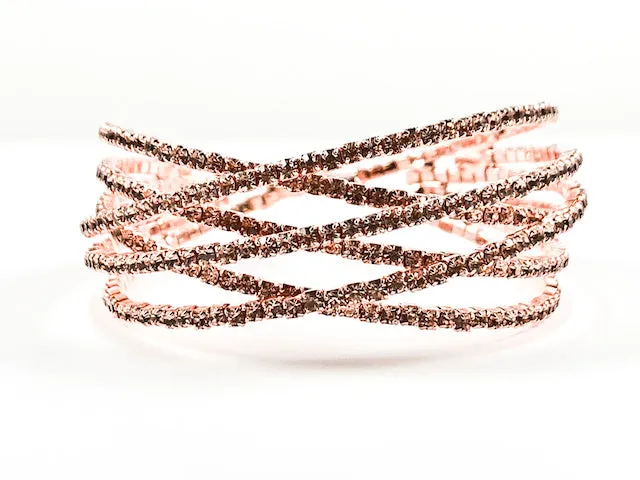 Fancy Elegant Criss Cross X Pattern Open Pink Gold Tone Fashion Bracelet Bangle