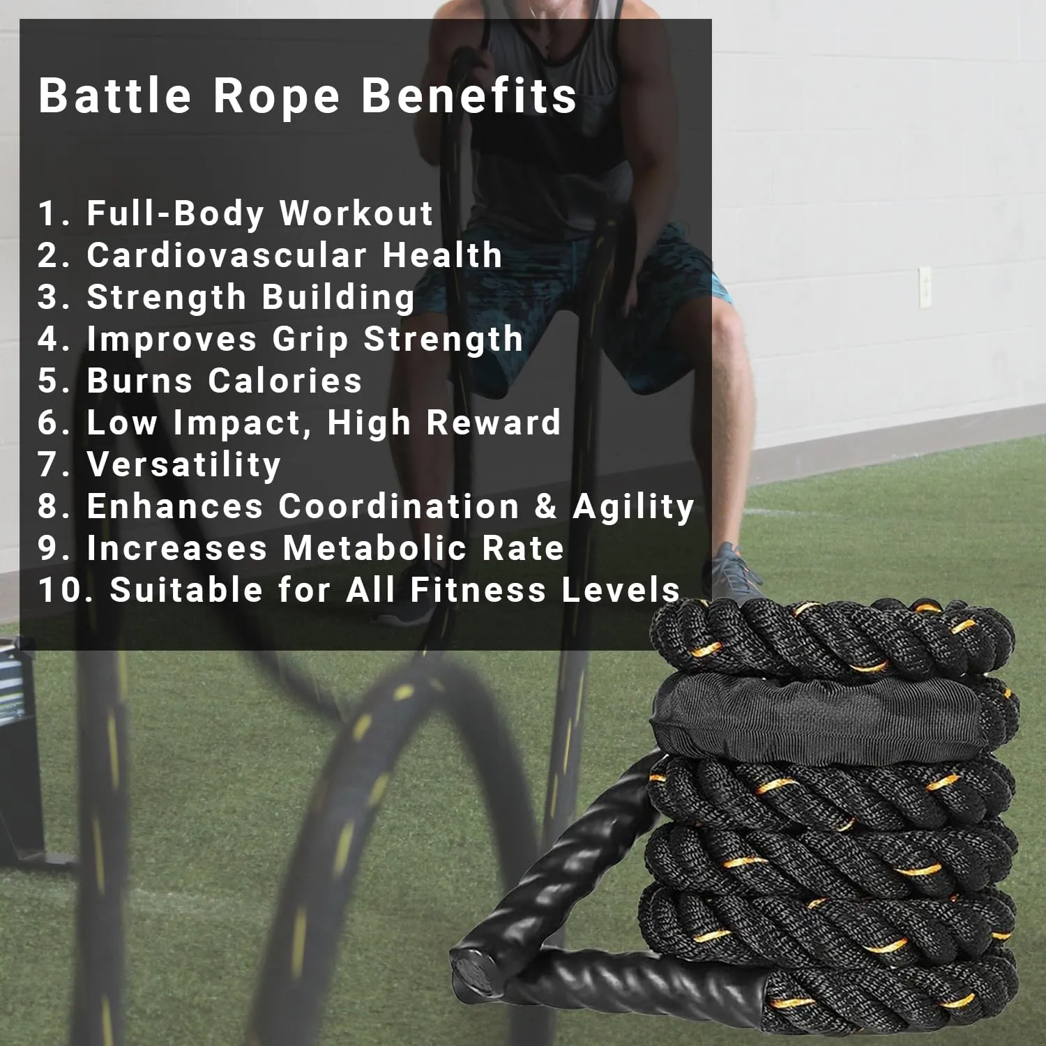 Fit Fusion Ultimate Fitness Strength Training Battle Rope with Wall Mount for Gym, Home, Heavy Battle Rope, 1.5 Inches Diameter (50 FT, Black-Yellow)