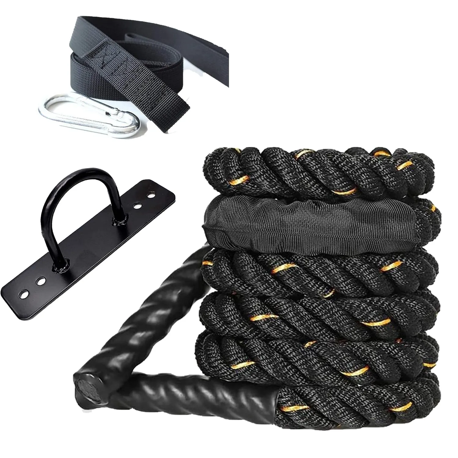 Fit Fusion Ultimate Fitness Strength Training Battle Rope with Wall Mount,Anchor Strap for Gym, Home, Heavy Battle Rope, 1.5 Inches Diameter (50 FT, Black-Yellow)