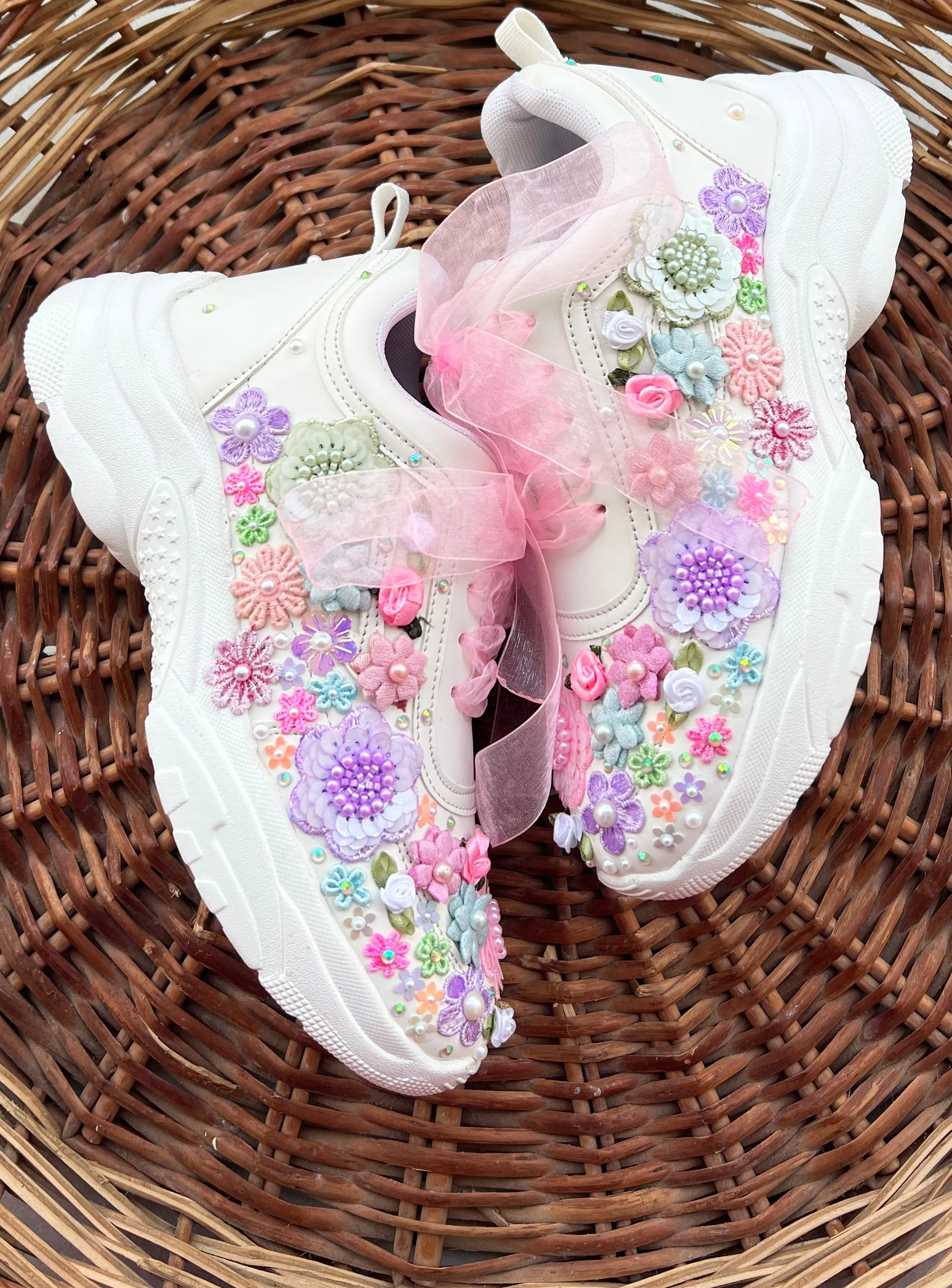 FUNKY N TRENDY hand embroidered floral work sneakers/ white sneakers /bridal shoes / bridal sneakers / floral sneakers/flower shoes /bridesmaid sneakers/ pink shoes / pink sneakers/ pastel sneakers / purple sneakers