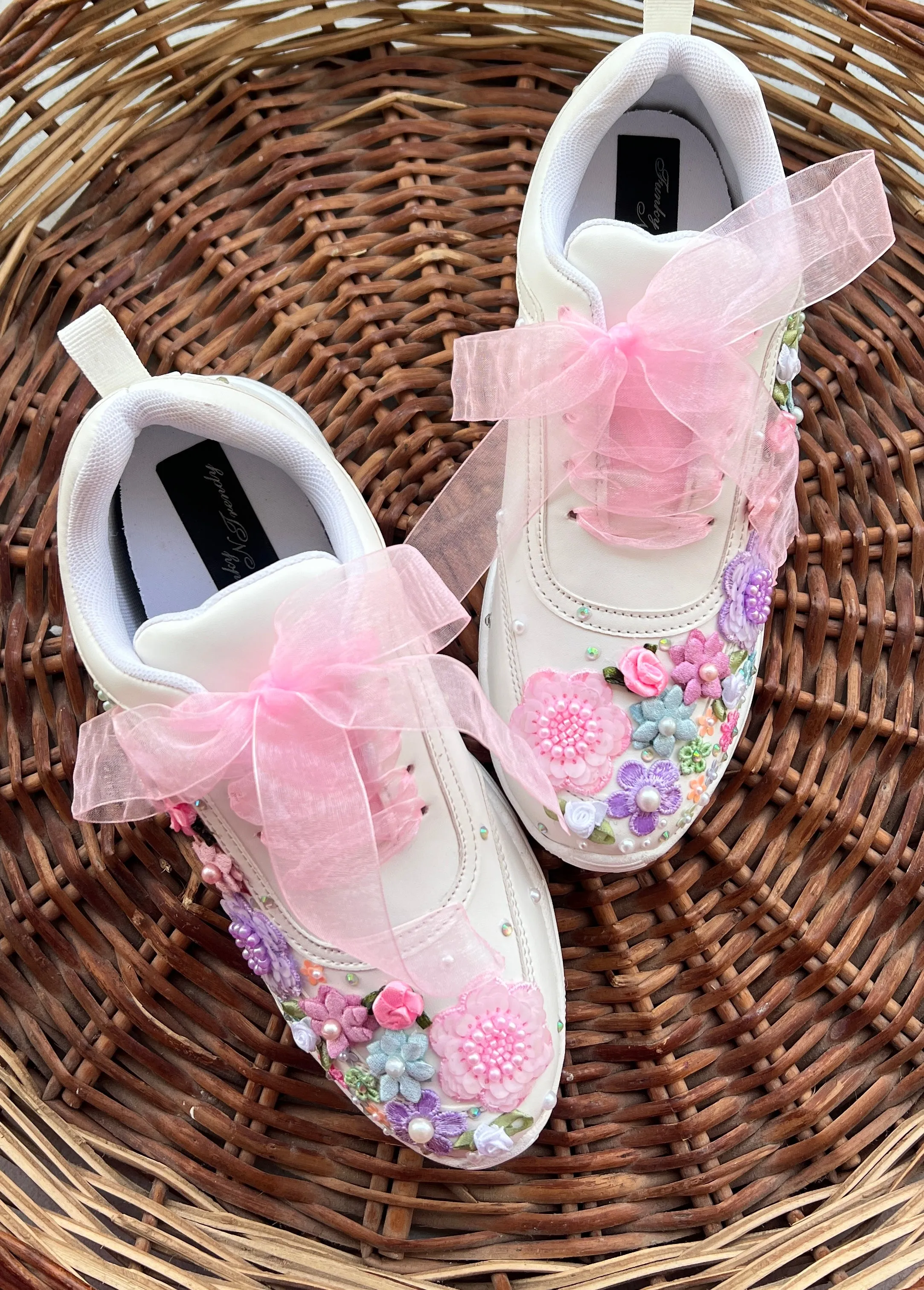 FUNKY N TRENDY hand embroidered floral work sneakers/ white sneakers /bridal shoes / bridal sneakers / floral sneakers/flower shoes /bridesmaid sneakers/ pink shoes / pink sneakers/ pastel sneakers / purple sneakers