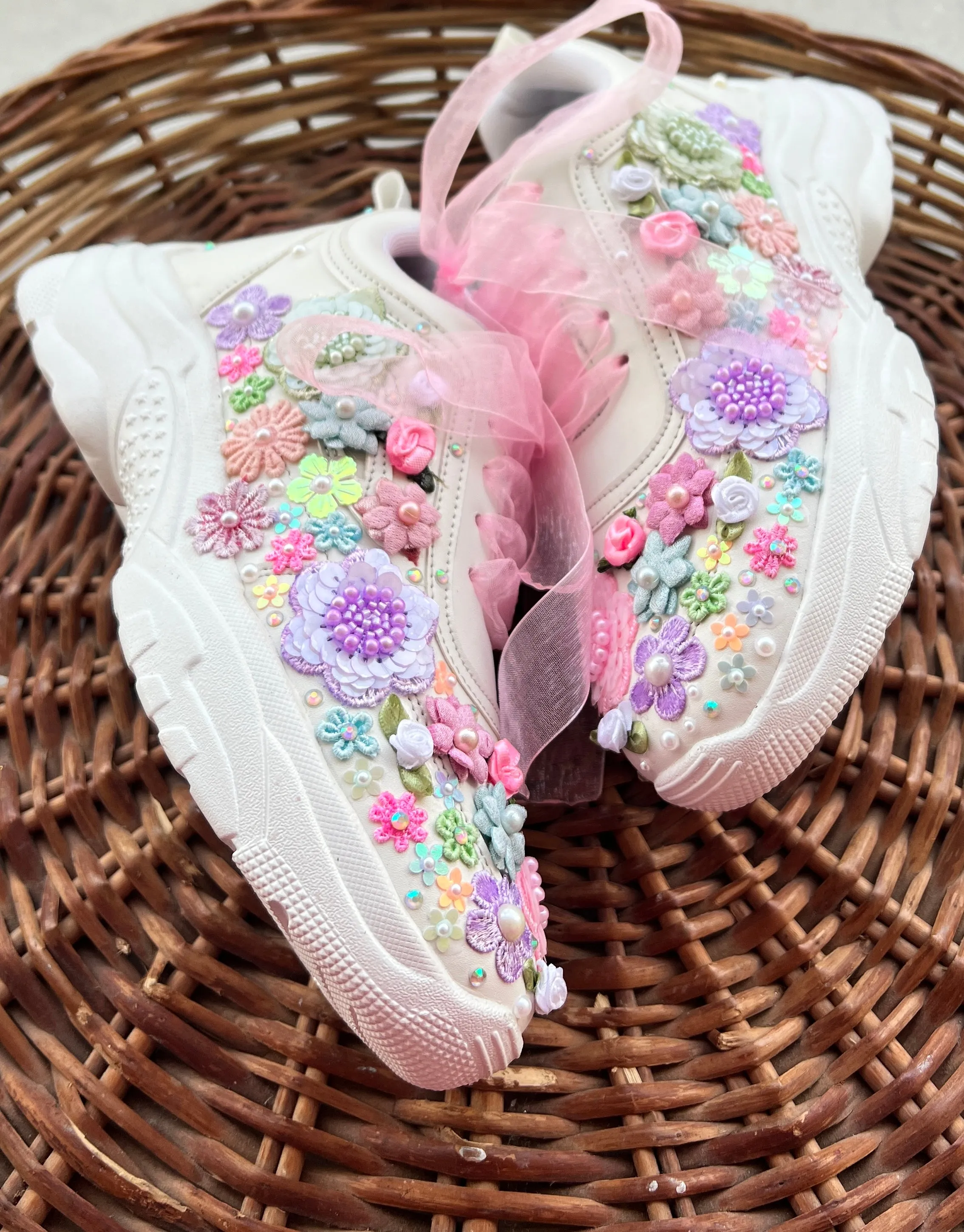 FUNKY N TRENDY hand embroidered floral work sneakers/ white sneakers /bridal shoes / bridal sneakers / floral sneakers/flower shoes /bridesmaid sneakers/ pink shoes / pink sneakers/ pastel sneakers / purple sneakers