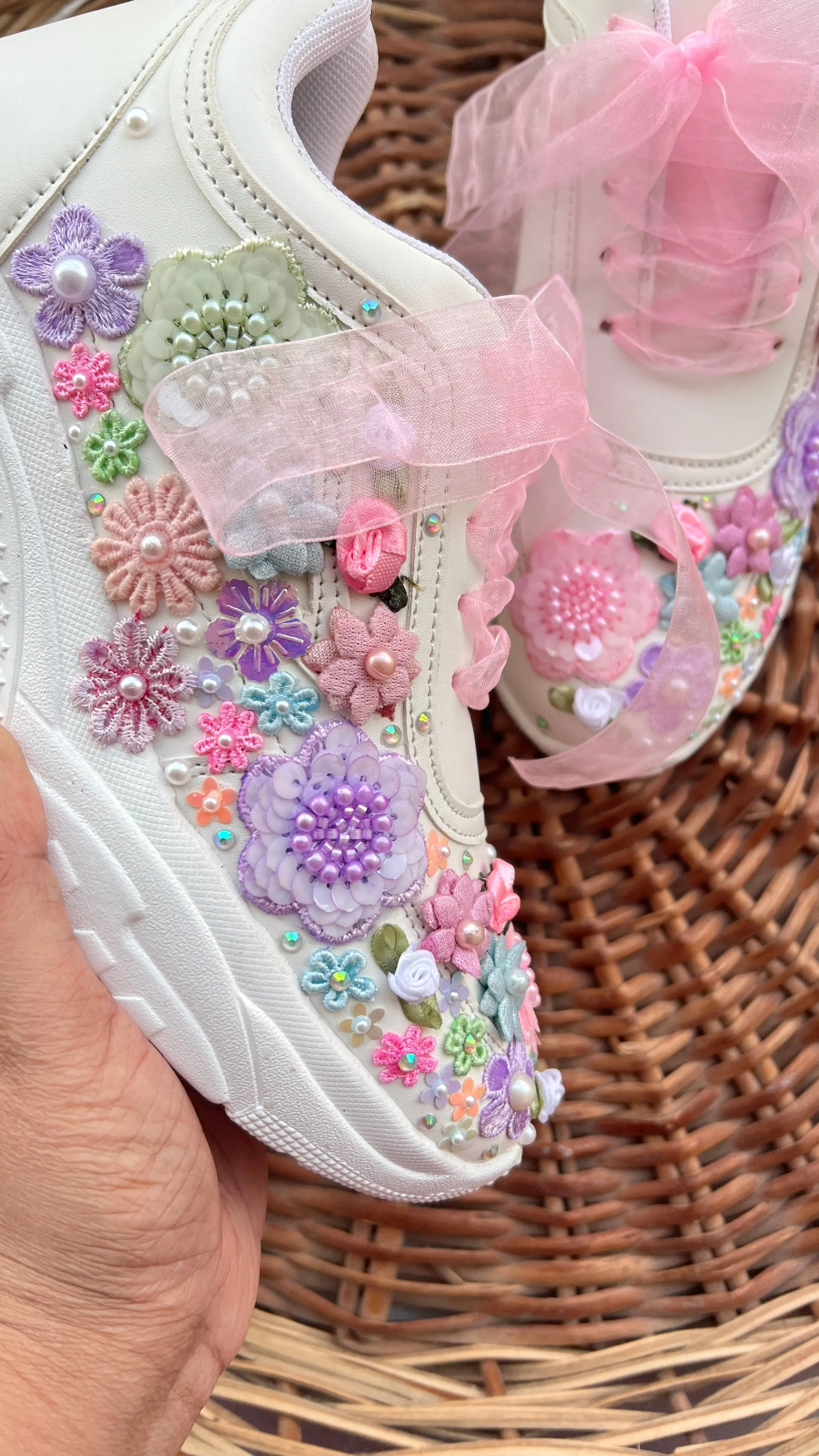 FUNKY N TRENDY hand embroidered floral work sneakers/ white sneakers /bridal shoes / bridal sneakers / floral sneakers/flower shoes /bridesmaid sneakers/ pink shoes / pink sneakers/ pastel sneakers / purple sneakers