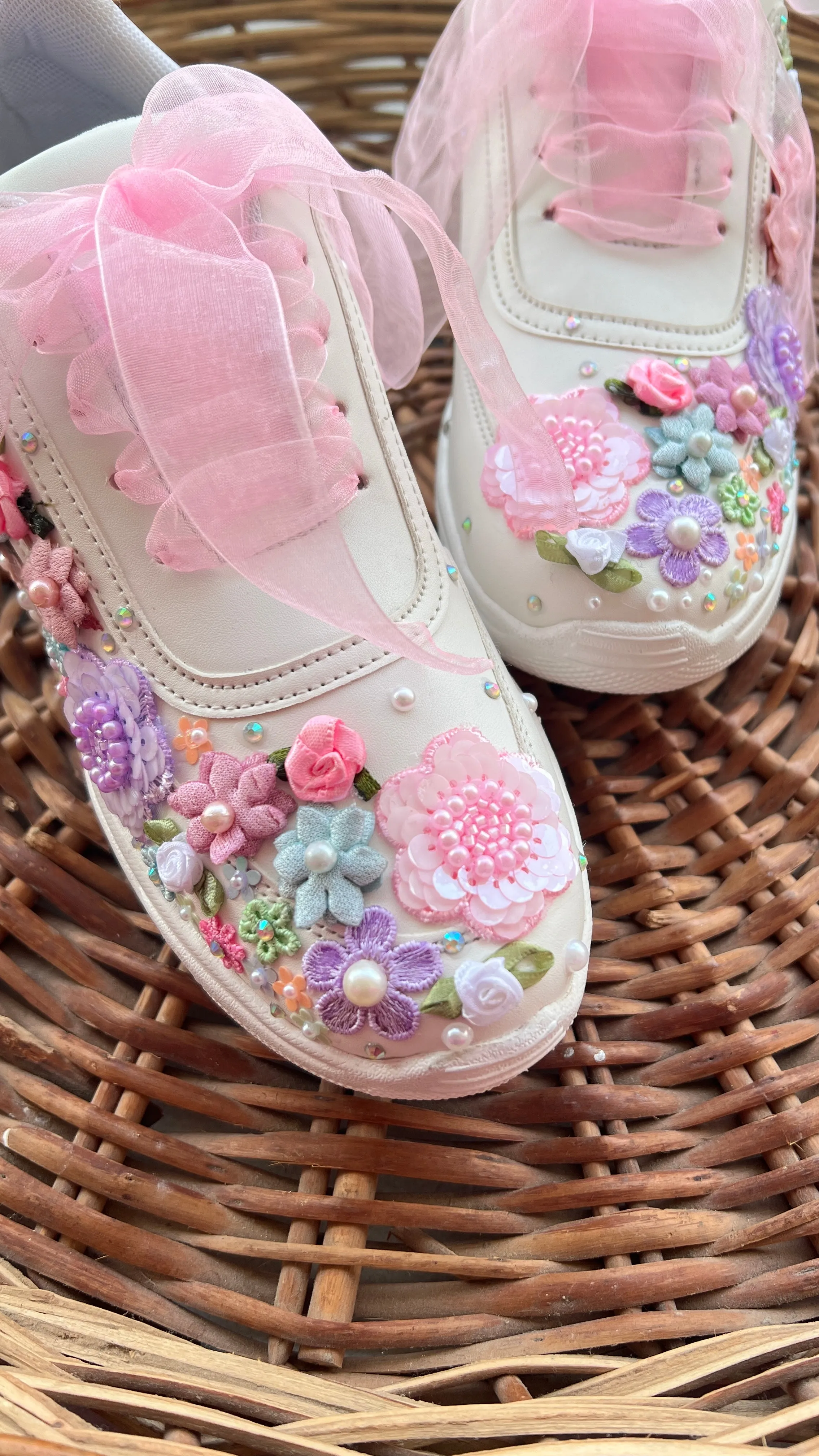 FUNKY N TRENDY hand embroidered floral work sneakers/ white sneakers /bridal shoes / bridal sneakers / floral sneakers/flower shoes /bridesmaid sneakers/ pink shoes / pink sneakers/ pastel sneakers / purple sneakers