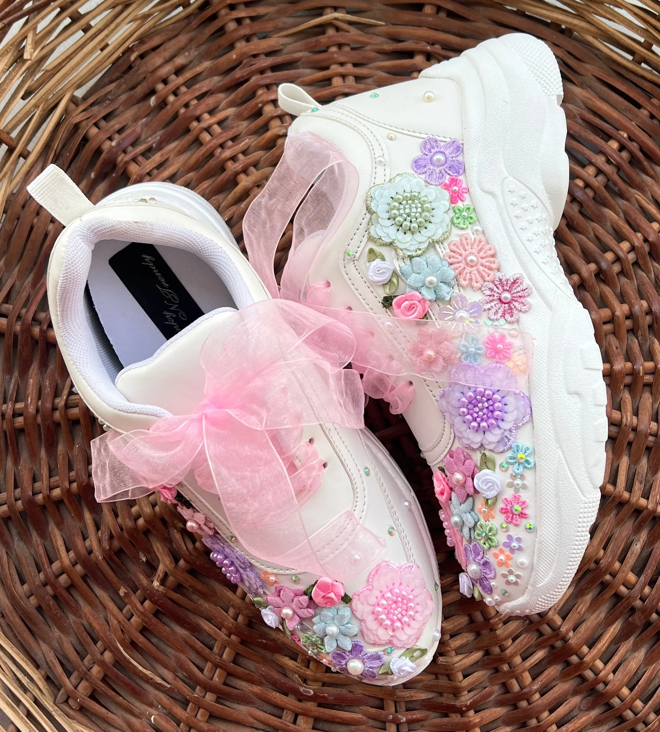 FUNKY N TRENDY hand embroidered floral work sneakers/ white sneakers /bridal shoes / bridal sneakers / floral sneakers/flower shoes /bridesmaid sneakers/ pink shoes / pink sneakers/ pastel sneakers / purple sneakers