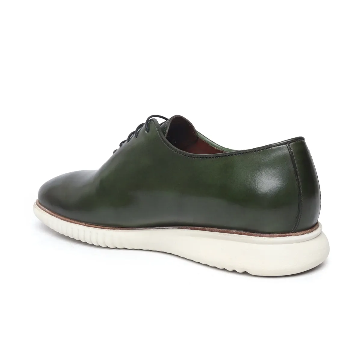 Green One Piece Leather Sneakers With Oxford Lace-Up Contrasting Sole