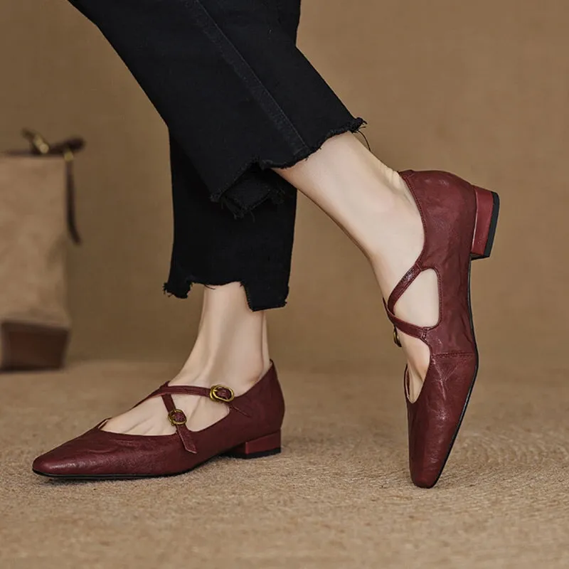 Handmade Sheepskin Mary Jane Flats With Cross-strap Detail in Wine Red/Black/Beige