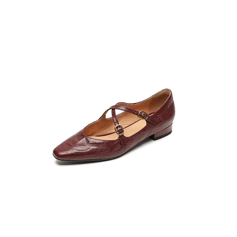 Handmade Sheepskin Mary Jane Flats With Cross-strap Detail in Wine Red/Black/Beige