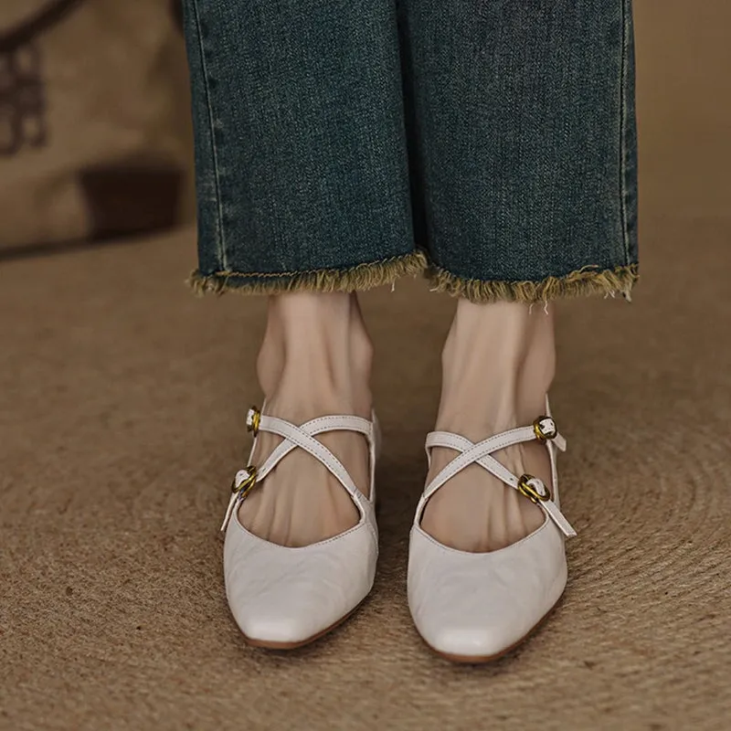 Handmade Sheepskin Mary Jane Flats With Cross-strap Detail in Wine Red/Black/Beige