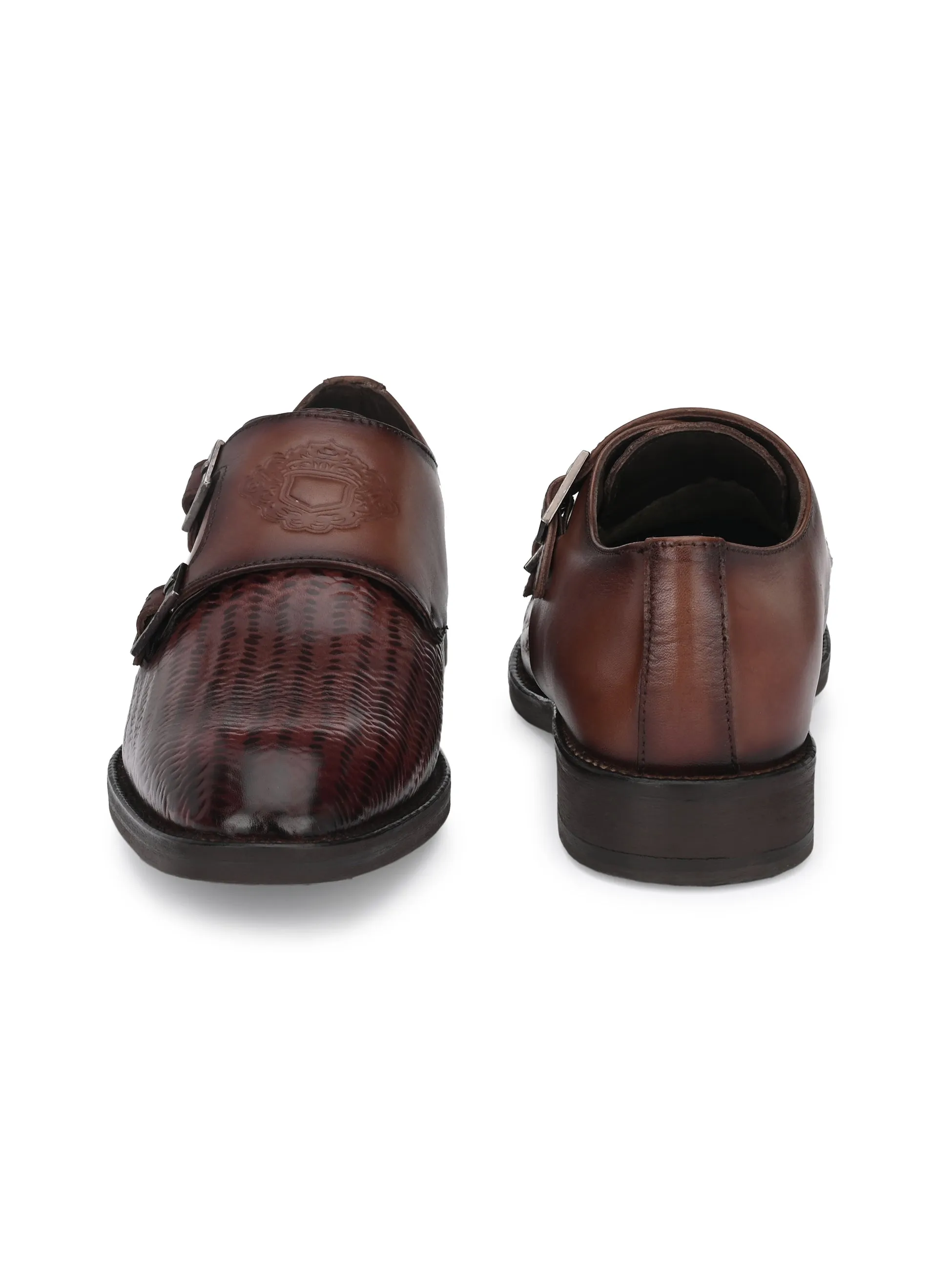 Hitz Men's Brown Leather Double Strap Monk Shoes