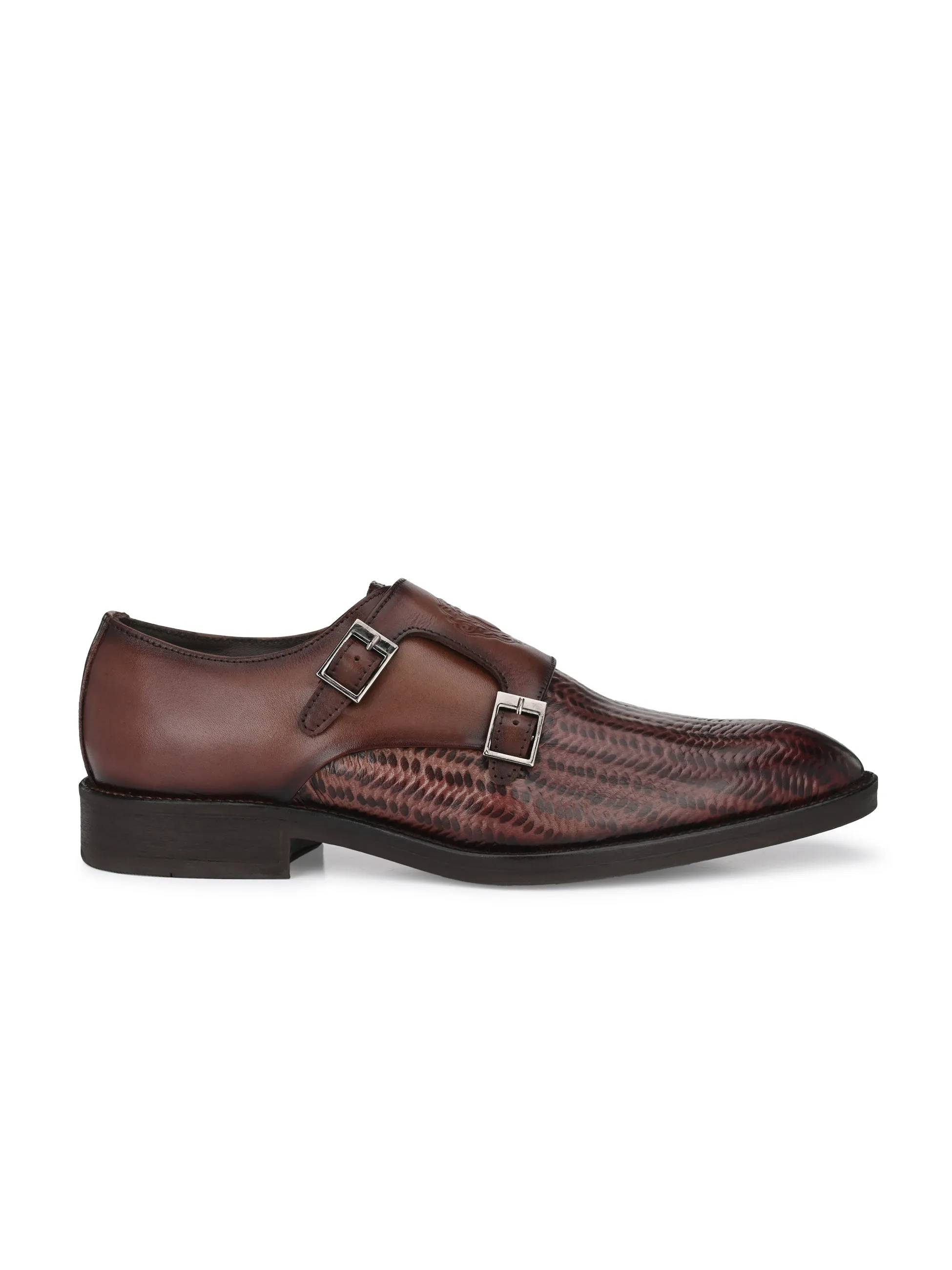 Hitz Men's Brown Leather Double Strap Monk Shoes