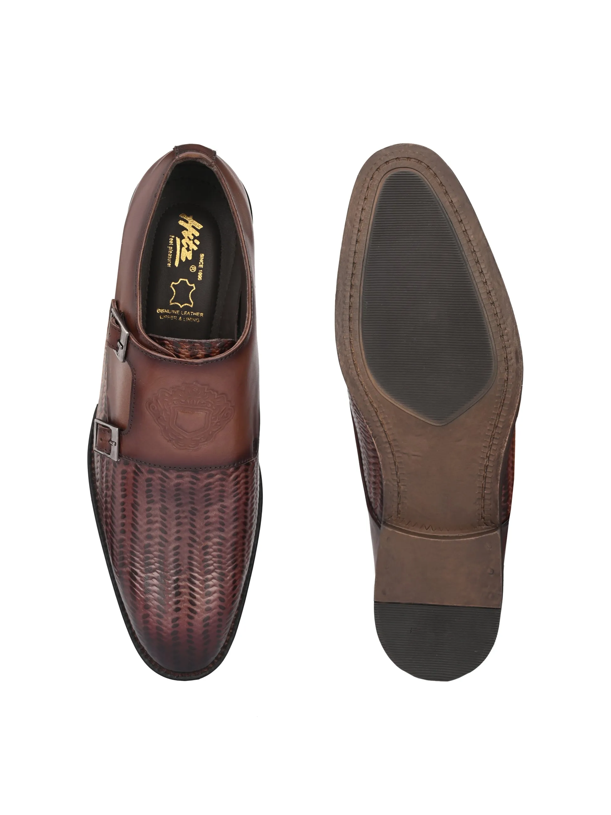 Hitz Men's Brown Leather Double Strap Monk Shoes