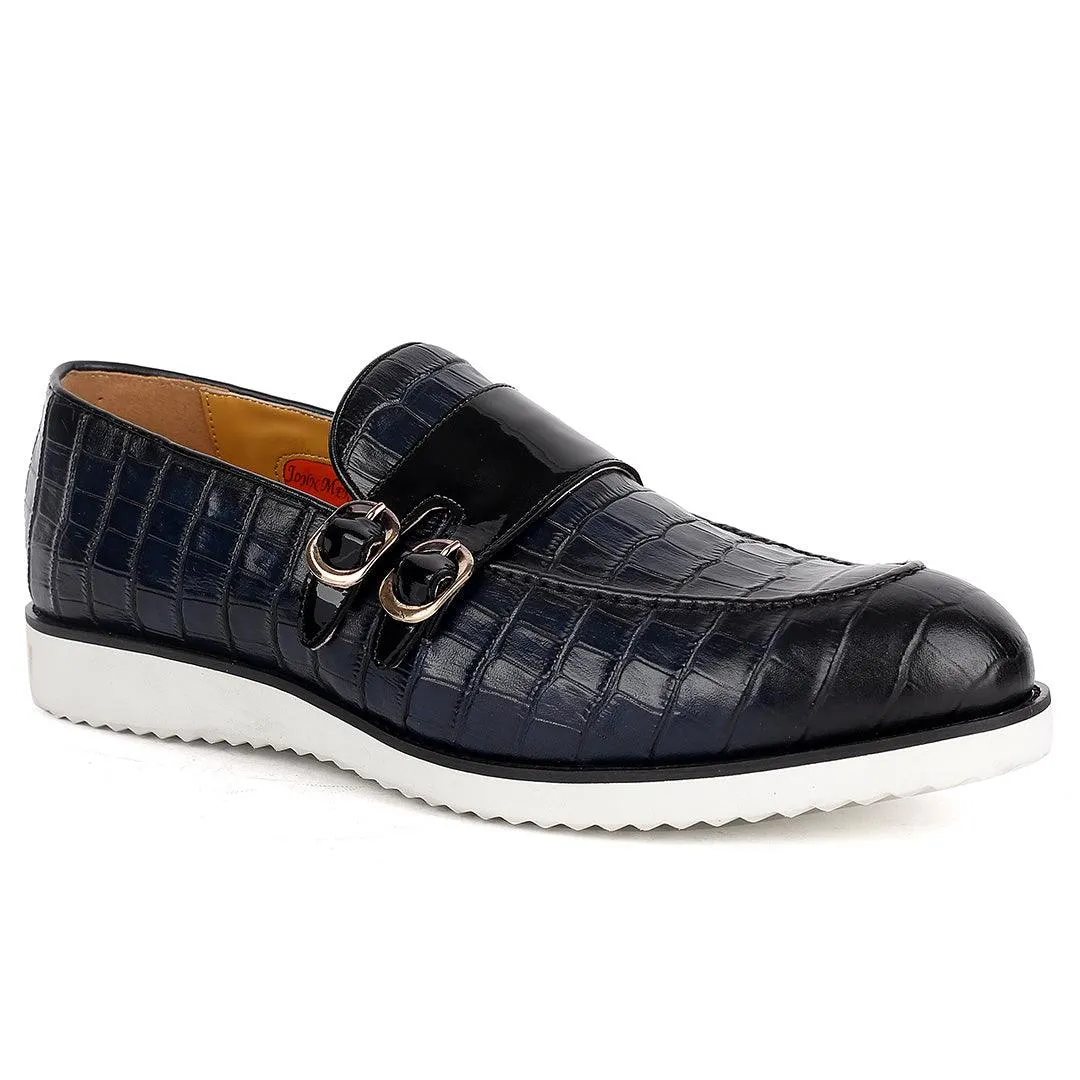 John Mendson Classy Navy-Blue Croc Leather With  Glossy Double Strap Design And White Sole