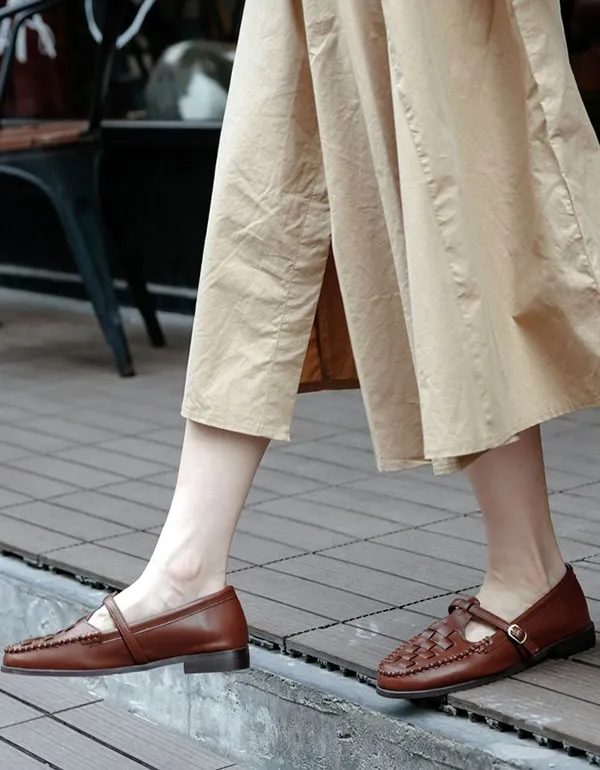 Leather Woven T-strap Buckle Mary Jane Shoes