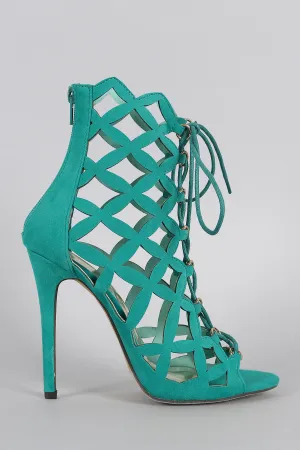 Liliana Caged Laser Cut Lace Up Heel