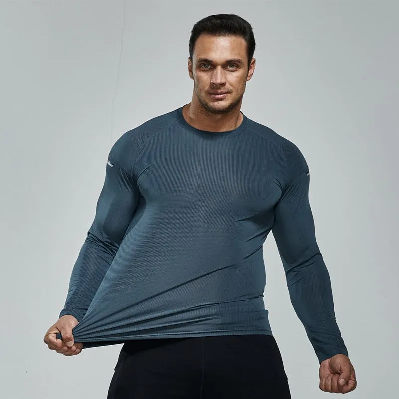 Men Elastic Compression Fitness T Shirt Tight Running Sport Clothes Long Sleeve Training Jogging Sportswear Quick Dry Rash Guard